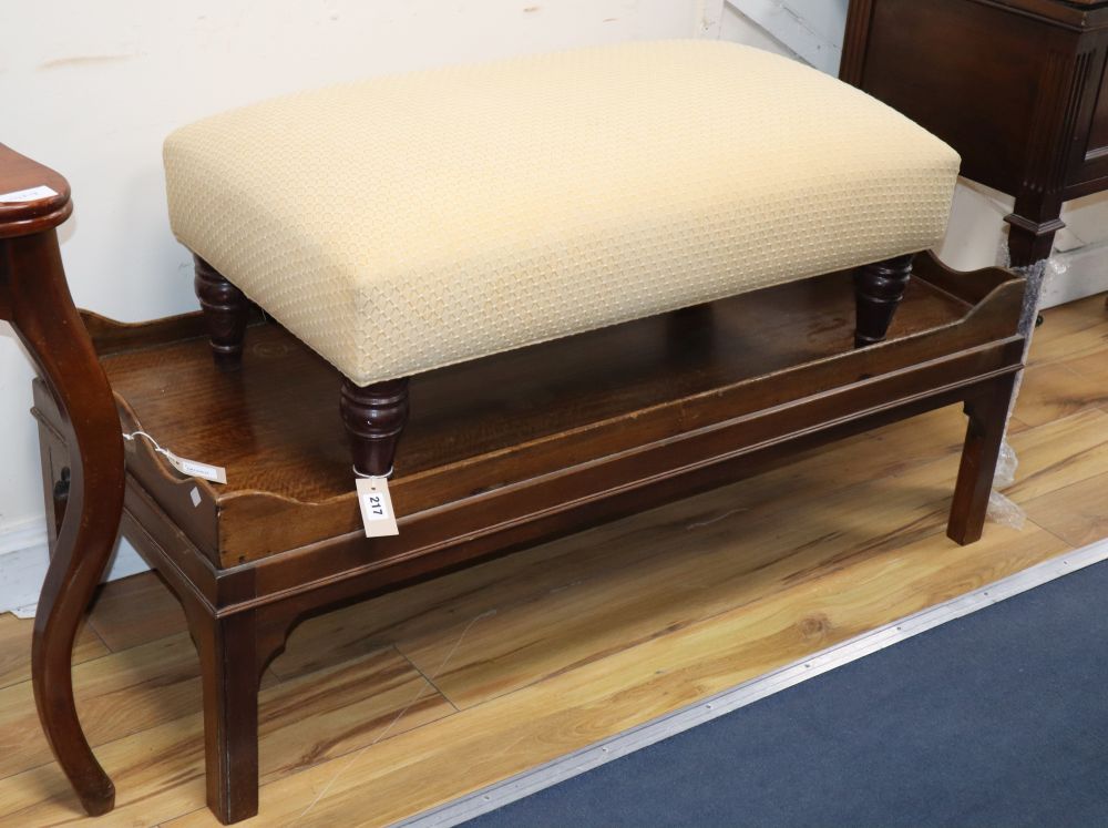 A mahogany butlers tray coffee table, W.123cm and a Victorian style stool, W.85cm